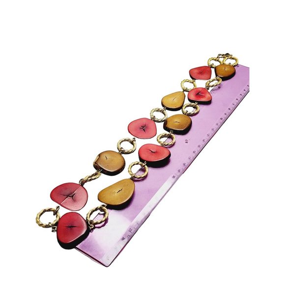 Vintage Signed Accessocraft Banana Wood Slice Chain Necklace (A1078) - Picture 4 of 5